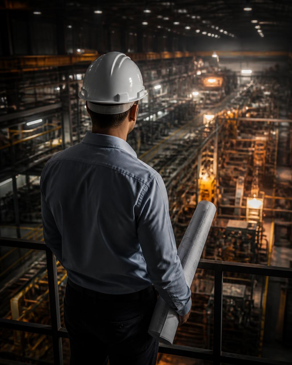 Engenheiro de capacete de costas segurando uma planta técnica dentro de uma indústria