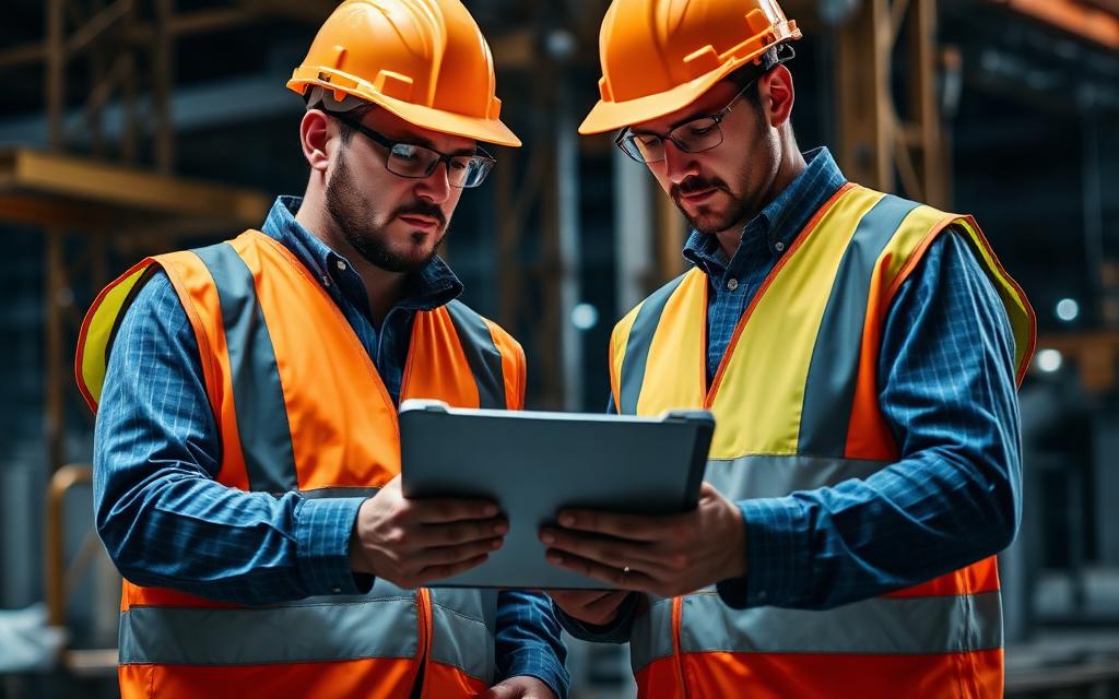 Engenheiros com capacete acompanhando obra com tablet