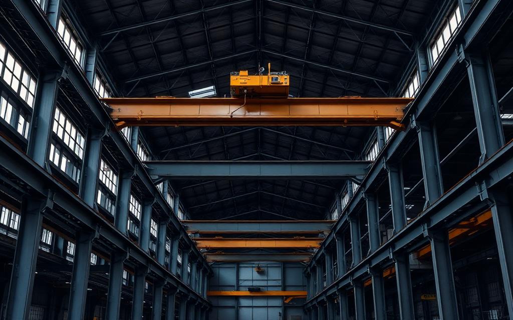 Interior de galpão industrial com estrutura metálica