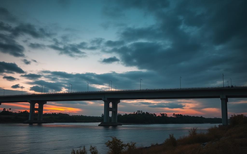 Ponte de concreto sobre rio ao entardecer
