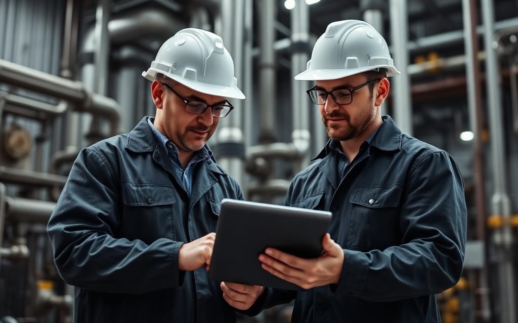 Dois engenheiros em ambiente industrial analisando informações em um tablet